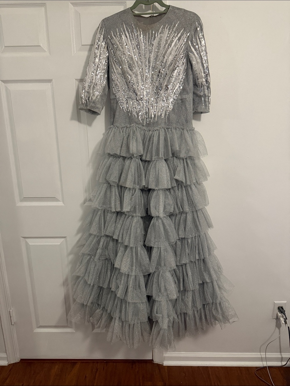 Womens' Silver Sequin Ruffle Tulle Party Dress